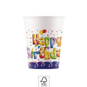 Multicolor Happy Birthday papír pohár 8 db-os 200 ml FSC 